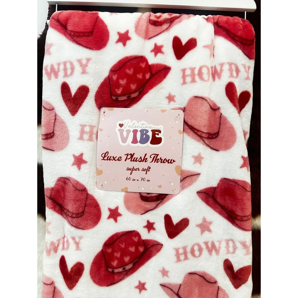 Valentine Vibe Luxe Plush Throw Blanket Pink Red Cowboy Hat Howdy Western‎ 60x70
